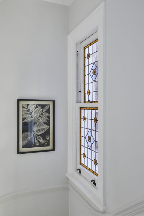 Stained Glass Landing Window, Stained Glass Sash Windows, Neutral Stained Glass Window, Stained Glass In Bathroom, Bathroom Stained Glass Window, Victorian Cottage Plans, Stained Glass Windows In Homes, Imperfect Interiors, Stained Glass Bathroom