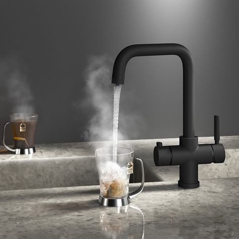 Boiling Water Tap, Black Taps, Kitchen Mixer Taps, Kitchen Mixer, Kitchen Taps, Boiling Water, Water Dispenser, Black Kitchens, Open Plan Kitchen