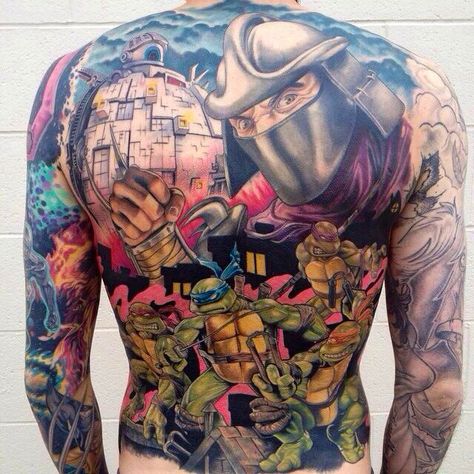 This detailed Teenage Mutant Ninja Turtles back tattoo is amazing! Mutant Ninja Turtles Tattoo, Teenage Mutant Ninja Turtles Tattoo, Ninja Turtles Tattoo, Tmnt Tattoo, Turtles Tattoo, Ninja Turtle Tattoos, Turtle Tattoos, Turtle Tattoo Designs, Bee Bop