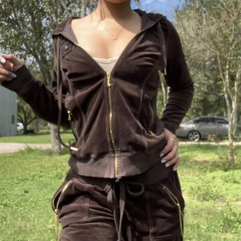 FREE SHIPPING 🗣️👀🤎 Brown juicy couture... - Depop Brown Juicy Couture Tracksuit, Brown Tracksuit, Brown Juicy Couture, Juicy Tracksuit, Juicy Couture Y2k, Juicy Couture Tracksuit, Juicy Couture Jacket, Juicy Couture, Dark Brown