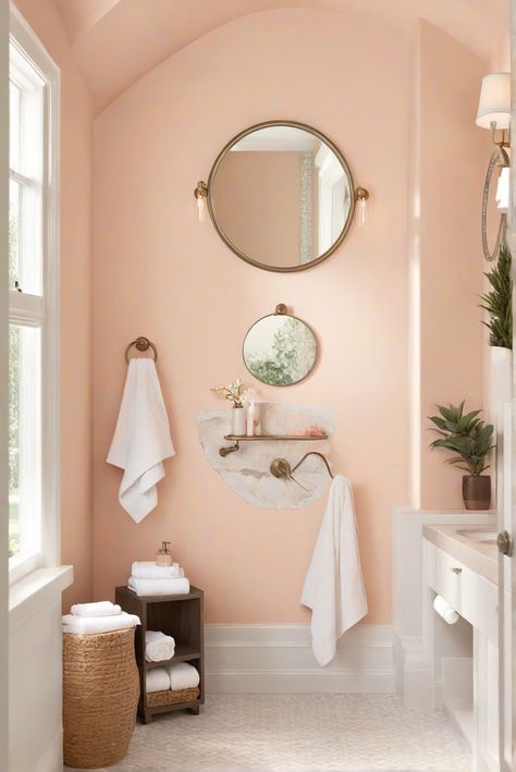 Salmon Bathroom Walls, Bathroom Decor Peach, Peach And White Bathroom, Pale Peach Paint Color, Peach Color Bathroom, Peach Bathroom Ideas, Peachy Bathroom, Bright Bathroom Paint Colors, Peach Paint Colors