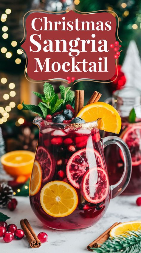 "Celebrate the season with our delightful Christmas Sangria Mocktail Recipe! This refreshing non-alcoholic cocktail is the perfect addition to your holiday drinks lineup. Bursting with festive flavors, it's an ideal choice for winter party drinks and gatherings. Enjoy this easy-to-make sangria recipe that will impress your guests and keep the holiday spirit alive. Perfect for those seeking festive beverages without the alcohol, this Christmas mocktail is a must-try!" Winter Party Drinks, Sangria Mocktail, Christmas Mocktail Recipes, Christmas Mocktail, Christmas Sangria Recipes, Christmas Drinks Nonalcoholic, Non Alcoholic Sangria, Holiday Mocktail, Christmas Mocktails