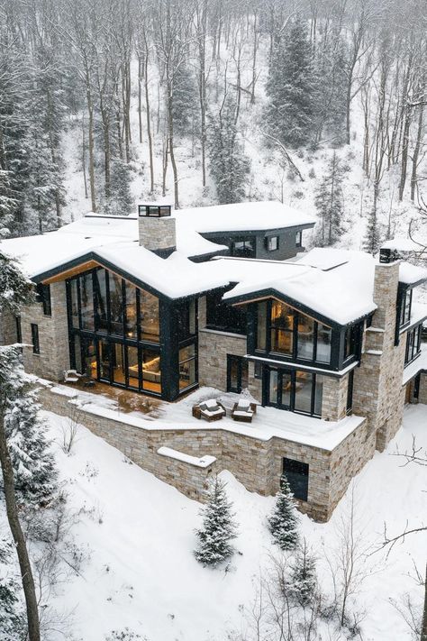 Homes In Mountains, Master Bath Mountain Home, Barndominium In The Woods, Modern Winter Cabin Exterior, Luxury Mountain Homes Exterior, Mountain View House Plans, Mansion In Woods, Modern Mountain Mansion, Modern Mountain Home Floor Plans