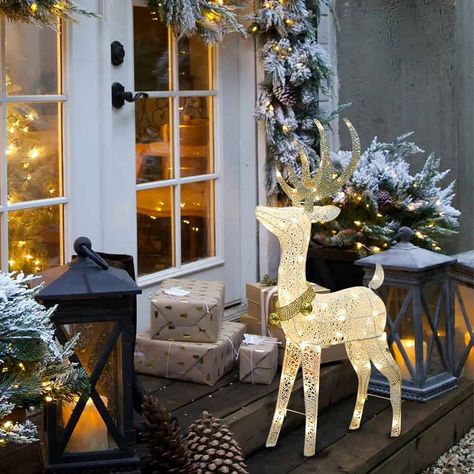 EAMBRITE 48” 70LT Pre-Lit Christmas Glittering Reindeer with Gold Jingle Bell and Twinkle Light Outdoor Holiday Mesh Standing Buck Deer Decorations for Home Lawn Yard Garden Indoor Outdoor Plug in Christmas Reindeer Lights, Deer Decorations, Reindeer Lights, Buck Deer, Deer Decor, Garden Indoor, Reindeer Decorations, Decorations For Home, White Christmas Decor