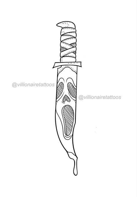 Ghost Face Holding Knife Tattoo, Scary Flash Art, Scream Knife Tattoo Design, Hellraiser Tattoo Stencil, Halloween Tattoo Stencil Outline, Scream Tattoo Ghostface Outline, Ghostface Outline Tattoo, Scream Tattoo Design Stencil, Disney Horror Tattoos