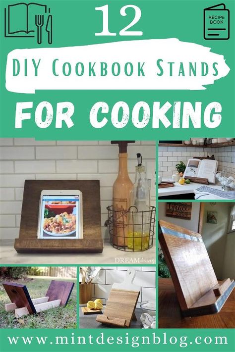 DIY Cookbook Stands For Cooking Recipe Book Holder Diy, Cookbook Holder Diy, Recipe Display Ideas, Displaying Cookbooks, Diy Cookbook Stand, Cookbook Display, Recipe Book Holders, Diy Cookbook, Cookbook Stand