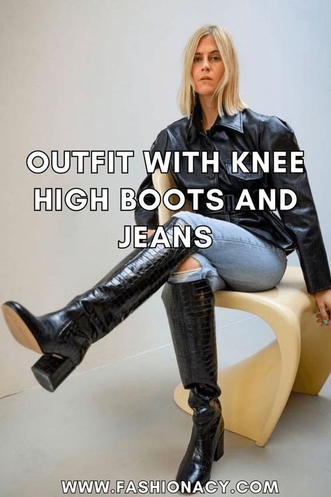 Outfit with Knee High Boots and Jeans Jeans And Knee High Boots Outfit, Knee High Boots And Jeans, Boots Over Jeans, Outfit With Knee High Boots, High Boots And Jeans, Jean Knee High Boots, Outfits With Knee High Boots, Jeans Inspiration, Boots And Jeans