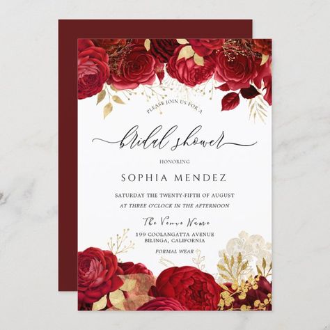 Invitación Elegante Roses Roses Roses Dorado Ducha de novias | Zazzle.com Red And Gold Quince, Quince Themes, Quince Invitations, Quinceanera Party, Quinceanera Invitations, Burgundy Flowers, Gold Invitations, Rose Rouge, Elegant Red