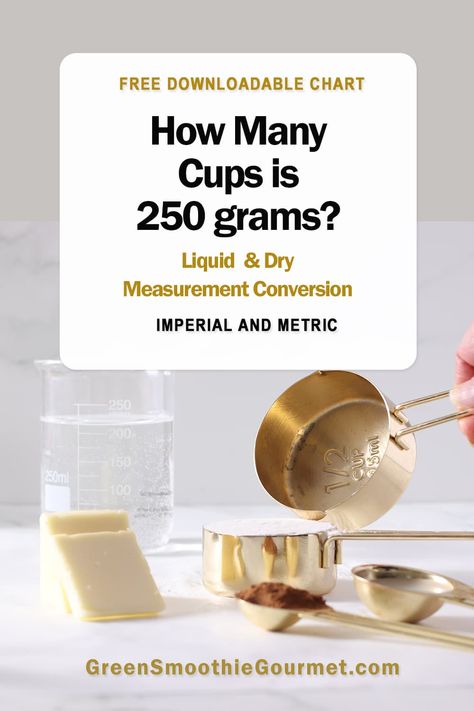 Converting 250 grams to cups depends on the ingredient. So, I have done the math for you and created conversion charts of common ingredients converted from 250 grams to cups. Plus download a free kitchen conversion chart. Ounces To Grams Conversion, Grams To Ounces Conversion Chart, Grams To Cups Conversion, Oz To Cups Conversion, How To Convert Grams To Cups, Convert Grams To Cups Baking, Tbsp To Cups Conversion, Measurement Conversion Chart, Cooking Conversions