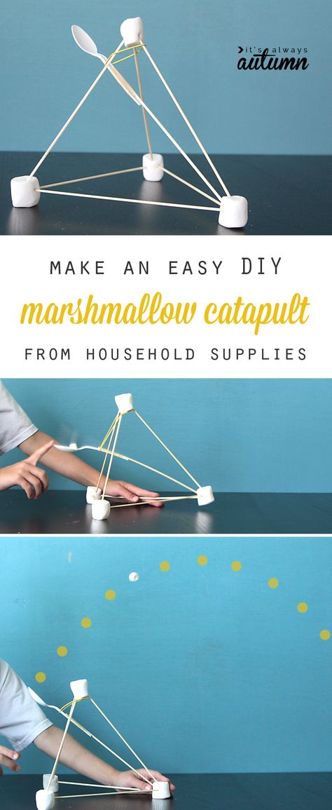 Genius! This simple marshmallow catapult can be made from common household supplies and is so easy to put together kids can do it on their own! Great science learning activity, and lots of fun. Marshmallow Launcher, Marshmallow Catapult, Makerspace Activities, Science Learning, Summer Fun For Kids, Rainy Day Crafts, Learning Science, Mini Marshmallows, Summer Activities For Kids