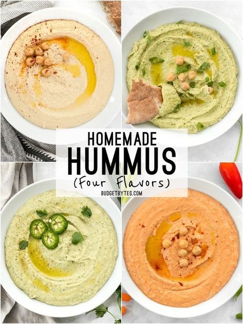 Homemade hummus is quick, easy, and inexpensive, and can be made with several different flavor add-ins. Here are four delicious flavors to try. BudgetBytes.com Hummus Flavors, Hummus Recipe Homemade, Homemade Hummus, Hummus Recipe, Mediterranean Recipes, Appetizer Snacks, On The Side, Parsley, Hummus