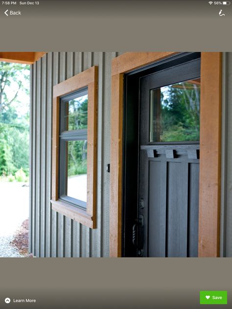 Cedar Exterior Trim, Cedar Trim Exterior Window, Cedar Trim Around Garage Door, Wood Frame Windows Exterior, Black Windows Wood Trim Exterior, Cedar Framed Windows, Wood Trim Around Windows Exterior, Stained Wood Window Trim Exterior, Cedar Trim House Exterior