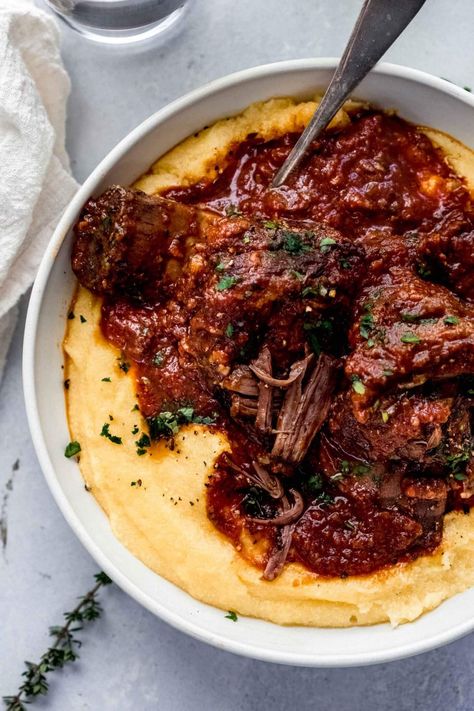 Easy to make ahead and then  pop in the oven to cook, these red wine braised short ribs are the perfect, savory dinner party recipe. Short Rib Recipes Easy, Red Wine Braised Short Ribs Instant Pot, Red Wine Braised Short Rib, Short Braised Ribs, Braise Recipes, Short Ribs Polenta, Braised Short Ribs Dutch Oven, Italian Short Ribs, Short Ribs Recipe Oven