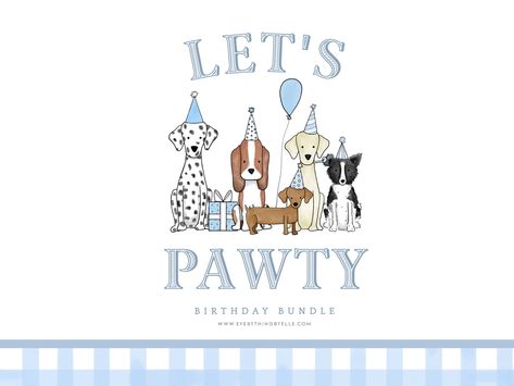 Two Let The Dogs Out Party Invitations, Blue Gingham Puppy Party, Pawty Dog Party Invitations, Puppy Dog First Birthday Little Boys, Dog Theme Invitations, Birthday Pennant Banner, Adoption Certificate, Gable Boxes, Favors Sign