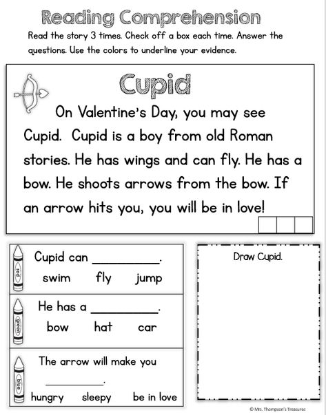 Free Valentine's Day printable activities - reading comprehension and color by coin. Valentine Worksheets, Kindergarten Valentines, Valentine's Day Printables, Valentine Activities, First Grade Reading, Comprehension Worksheets, Valentines Day Activities, Reading Worksheets, Valentines School