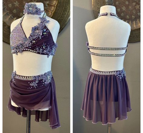 Custom Dance Costumes Lyrical, Two Piece Lyrical Costume, Purple Lyrical Costumes, Lyrical Dance Costumes Duet, Purple Contemporary Dance Costume, Summer Skin Tone, Dance Things, Pretty Dance Costumes, Dance Competition Costumes