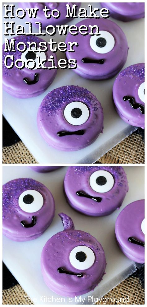 How to Make Halloween Monster Cookies | +11 More Designs ~ Whip up some Halloween fun with these adorable Monster Cookies! Or, choose from 11 other designs, too. Make them as Peanut Butter Ritz Cookies, or Halloween Oreos -- either way, they're a super fun treat that's sure to please! #halloween #halloweencookies #monstercookies #halloweenoreos www.thekitchenismyplayground.com Monster Oreo Pops, Oreo Monster Cookies, Halloween Desserts Cookies, Quick Halloween Snacks, Halloween Monster Cookies, Ritz Cookies, Halloween Bakes, The Kitchen Is My Playground, Strawberry Ideas