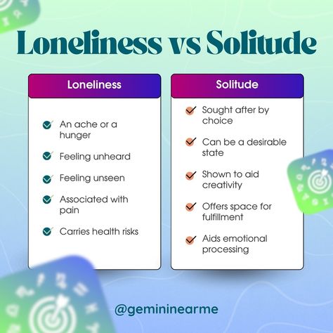 After a separation, it is highly recommended for people to embrace healing solitude. However, many mistakenly interpret solitude as loneliness or fear being alone when they feel nobody needs them. Solitude allows you to reconnect with yourself on an emotional level, while loneliness stems from fear—and fear blocks the flow of positive energy and opportunities into your life. #loneliness #solitude #gemininearme Reconnect With Yourself, A Separation, Health Risks, Positive Energy, Healing, Energy, Feelings