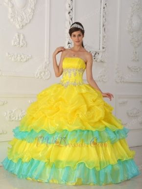 Ruched Appliqued Bodice Canary Yellow Layers Skirt With Blue Quinceanera Dress Rainbow Quinceanera Dresses, Yellow Quinceanera Dresses, Yellow Quinceanera, Yellow Quinceanera Dress, Cheap Quinceanera Dresses, Strapless Organza, Sweet Sixteen Dresses, Sweet 15 Dresses, Dress Quinceanera