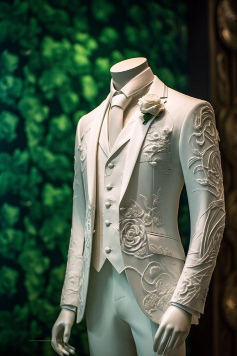 Rose flower inspired suit Whimsical Suits For Men, Modern Wedding Suits Men, Fairy Wedding Suit, Bridgerton Suit, Platonic Wedding, Moonlight Theme, Modern Victorian Wedding, Hot Villain, Royalty Theme