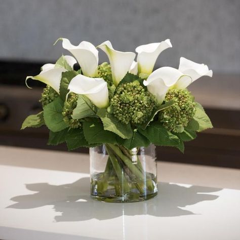 Calla Lily Centerpieces, Lily Centerpieces, White Calla Lily, Faux Stems, Calla Lily Wedding, Lily Wedding, Flower Vase Arrangements, Green Hydrangea, Flower Arrangements Simple