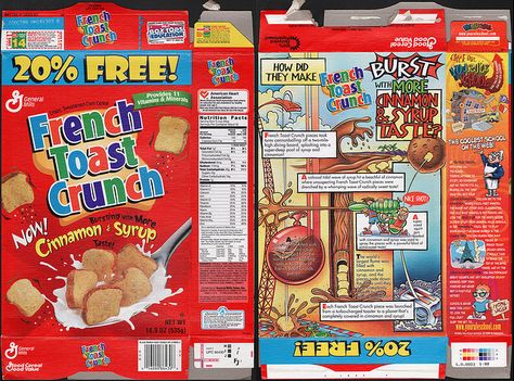 general mills cereal boxes | General Mills - French Toast Crunch cereal box -1998 - a photo on ... French Toast Crunch, Discontinued Food, Barbie Printables, Crunch Cereal, Cinnamon Toast Crunch, Dollhouse Printables, Miniature Printables, Vintage Packaging, Miniature Diy