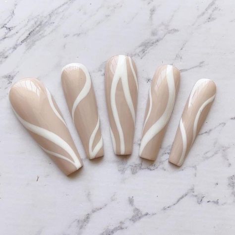 Squiggle Line Nails, Wavy Lines Nails, Abstract Line Nail Art, Lines Nails, Nude Press On Nails, Line Nail Art, Abstract Nail, Nail Place, Milky Nails