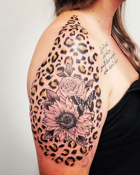 Kevin Shay on Instagram: “#gorillatattoos #sunflower #sunflowertattoo #rosetattoo #leopardprint #leopardprinttattoo #tattoosforwoman #shouldertattoo…” Sunflower Leopard Tattoo, Leopard Print Tattoo For Women, Animal Print Tattoo, Cheetah Print Tattoos, Leopard Print Tattoos, Cheetah Tattoo, Tattoos Floral, Flower Shoulder Tattoo, Tattoos 2024