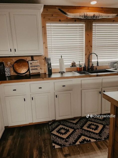 Western Home Remodel, Western Tiny Home Decor, Western Small Kitchen Ideas, Western Home Decor Trailer, Western Mobile Home, Western Travel Trailer Decor, Western Camper Remodel Rustic, Western Kitchen, Future Kitchen