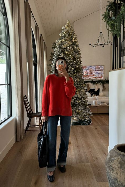 if you need a casual holiday outfit, this combo wins every time. red is the color of the season, and this red sweater is working overtime in my wardrobe. tap to shop this look! Christmas Outfit Red Sweater, Red Jumper Outfit Aesthetic, Red Ralph Lauren Sweater Outfit, Red Jumper Outfit Winter, How To Style Red Sweater, Colourful Sweater Outfit, Red Bow Outfit, Colorful Preppy Outfits, Red Sweater Vest Outfit