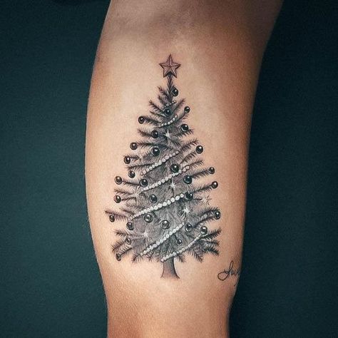 Christmas Tattoo Black And White, Christmas Tattoo Holiday, Christmas Sleeve Tattoo, Winter Tattoos, Christmas Tree Tattoo, Christmas Tattoo Ideas, Swedish Tattoo, Holiday Tattoos, Xmas Tattoo