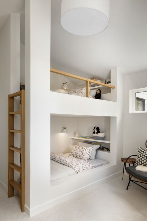 Bunk Room features custom drywall Bunk Beds accentuated with White Oak railing and ladder Bunk Room #BunkRoom Oak Railing, Trickle Creek Homes, Cb2 Living Room, Room With Bunk Beds, Space Saving Bunk Bed, Queen Size Bunk Beds, Bunk Bed Ladder, Garage To Living Space, Bunk Bed Loft