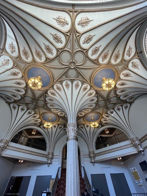 Restored lobby of the Golden Gate Theater 2023 • Gothic rib vaulted ceiling. Gothic Vaulted Ceiling, Journaling Themes, Gothic Ceiling, Theater Lobby, Gothic Tracery, Theatre Aesthetic, Jewelry Showroom, Advanced Higher Art, Ribbed Vault