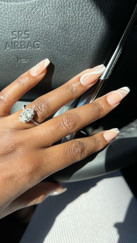 White swirl nails; white nails White Swirls Nails Coffin, White Swirls Acrylic Nails Coffin, Neutral Coffin Acrylic Nails Design, Acrylic Nails Coffin Swirls, Nail Designs White Swirl, Acrylic Nails To Go With White Dress, White Nail Art Coffin, White Nail Coffin Designs, Formal Nails Coffin