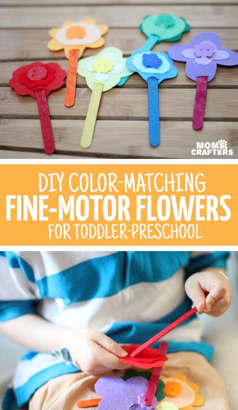 The easiest DIY fine motor toy to make for toddlers and preschoolers! I love these color-matching flowers - a great activity for my toddler to learn and practice colors and fine motor skills at the same time. Sensory Activities Toddlers, Spring Preschool, Fine Motor Skills Activities, Motor Skills Activities, Moms Crafts, Toddlers And Preschoolers, Mom Diy, Spring Activities, Kids Learning Activities