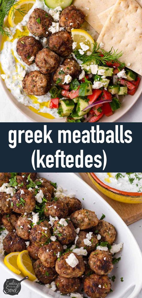 Greek meatballs, also known as keftedes! These meatballs are packed with incredible flavor, and always turn out so tender, juicy, and moist. Greek meatballs are great as appetizers or a main dish. Ground Beef Greek Meatballs, Greek Meatball Recipes, Greek Pork Meatballs, Keftedes Recipe Greek Meatballs, Greek Appetizer Recipes, Greek Meatball Bowl, Greek Beef Meatballs, Gyro Meatballs, Keftedes Recipe