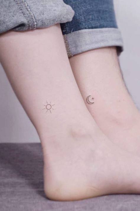 Incredible And Bonding Couple Tattoos To Show Your Passion And Eternal Devotion ★ Minimalistic Sun and Moon Couple Tattoos Fine Line Marriage Tattoo, Matching Simple Tattoos Couples, Half And Half Tattoos For Best Friends, Sun Moon Tattoo Matching, Sun And Moon Couple Tattoo, Small Sun And Moon Tattoo, Sun And Moon Matching Tattoos, Matching Sun And Moon Tattoo, Sun And Moon Couple