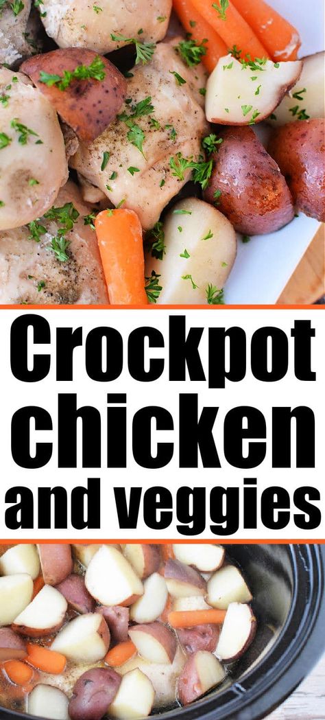 Slow cooker chicken thighs and potatoes cooked together as a one pot meal is great. Chicken and vegetables in Crockpot makes dinner easy! #chickenandvegetables #crockpotchickenandvegetables Slow Cooker Creamy Garlic Chicken And Vegetables, Healthy Crockpot Chicken And Veggies, Crock Pot Chicken And Vegetables Recipes, Slow Cooker Chicken Vegetables, Chicken And Vegetables In Crockpot, Vegetables In Crockpot, Slow Cooker Chicken And Potatoes, Slow Cooker Chicken And Vegetables, Chicken And Potatoes Crock Pot