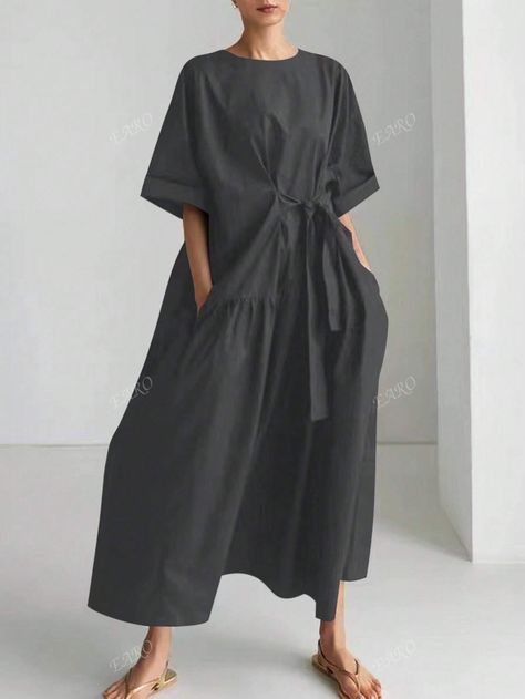 Women's Casual Loose Solid Color Round Neck Batwing Short Sleeve Knotted Waist Long Dress, SummerI discovered amazing products on SHEIN.com, come check them out! Plus Size Summer Casual, Long Dress Summer, Casual Maxi Dress, Style Bundle, Gray Dresses, Long Summer Dresses, Vestido Casual, Polyester Dress, Women Long Dresses