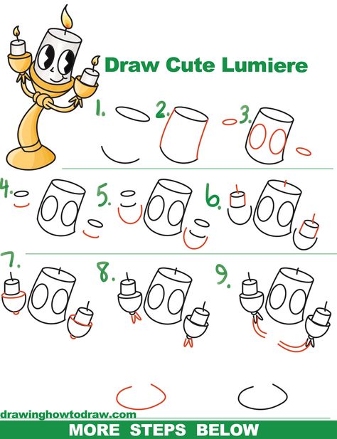 How to Draw Lumiere (Cute Kawaii Chibi) from Beauty and the Beast Easy Step by Step Drawing Tutorial for Kids Draw Disney Characters, Disney Characters Easy, How To Draw Disney, Easy Cartoon Characters, Disney Doodles, How To Draw Cute, Easy Disney Drawings, Easy Drawing Steps, How To Draw Steps