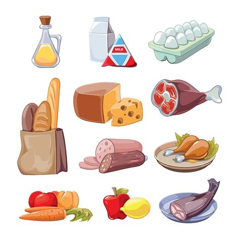 Common everyday food products. cartoon c... | Free Vector #Freepik #freevector #food #cartoon #fish #shopping Healthy Food Cartoon, Ejen Zass, Healthy Eating Pyramid, Graduation Drawing, Food Tracking, Chicken Illustration, Salmon And Shrimp, Cartoon Food, Fish Icon