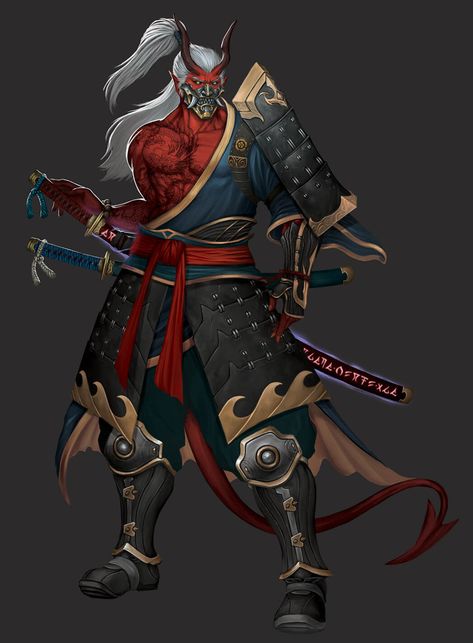 Tiefling Samurai, Oni Art, Samurai Concept, Oni Samurai, Samurai Artwork, Japanese Warrior, Samurai Art, Japanese Characters, Dungeons And Dragons Characters