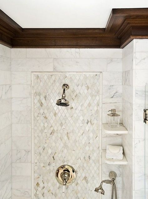 New Master Bath Ideas, Shower Tile Focal Wall, Vintage Guest Bathroom, Master Bath Shower Tile, Bathroom Rehab, Future Bathroom, Marble Bathroom Designs, Flooded House, Traditional Bathroom Designs