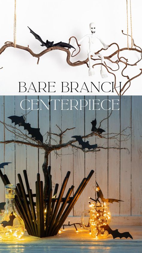 Collect bare branches and place them in a simple vase. Hang a few small, lightweight ornaments like miniature pumpkins or bats for a subtle Halloween feel. Branch Halloween Decor, Simple Vase, Branch Centerpieces, Monochrome Color Palette, Diy Star, Halloween Decor Ideas, Dipped Cookies, Modern Halloween, Candle Glow