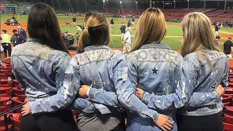 Bedazzled Jean Jacket, Games Outfits, Astros Game, Bedazzled Jeans, Jacket Patches, Jacket Ideas, Kate Upton, Hockey Mom, Stylish Top