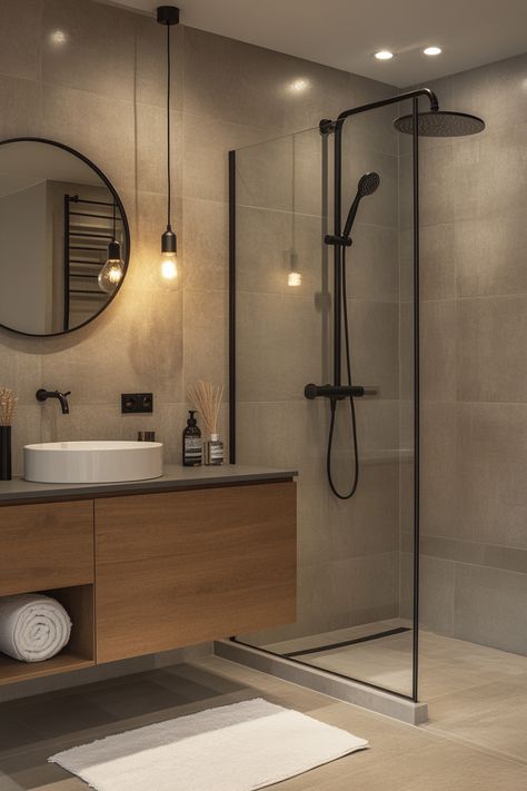 Bathroom With Black Details, Black Feature Bathroom, Modern Bathroom With Black Fixtures, Modern Shower Room Ideas, Bathroom Design With Black Fixtures, Minimalistic Small Bathroom, Black Trim In Bathroom, Shower Ensuite Ideas, Hotel Like Bathroom Ideas