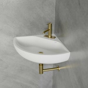 BATHROOM SINKS & COUNTERTOPS Archives - Dynasty Bathrooms Modern Wash Basin, Wash Basin Design, Tiny Powder Room, Corner Basin, Corner Sink Bathroom, Powder Room Sink, Wall Mount Sinks, Small Toilet Room, White Faucet