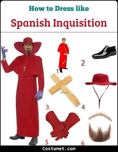 Spanish Inquisition (Monty Python) Costume for Cosplay & Halloween 2023 Spanish Inquisition Costume, Monty Python Costume, Marty Feldman, Wooden Cross Necklace, Red Leather Gloves, Spanish Inquisition, Black Oxford Shoes, Costume For Halloween, Oc Inspo