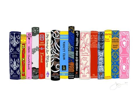 Ideal Bookshelf 353: Mostly Victorian Lit Bookshelf Illustration, Charlotte Brontë, Portrait Drawings, Charlotte Bronte, White Books, 11x14 Print, Jane Eyre, Book Shelf, I Love Books