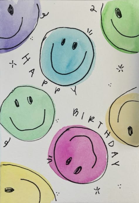 Smiley Face Card, Happy Birthday Drawing Ideas Easy, Drawing Birthday, Painting Together, Happy Birthday Drawings, Watercolor Birthday Cards, Watercolor Birthday, Bday Cards, Class Projects